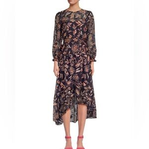 Women’s Eliza J Navy Floral Jewel Neck Tiered Lined Chiffon Long Sleeve Dress 4